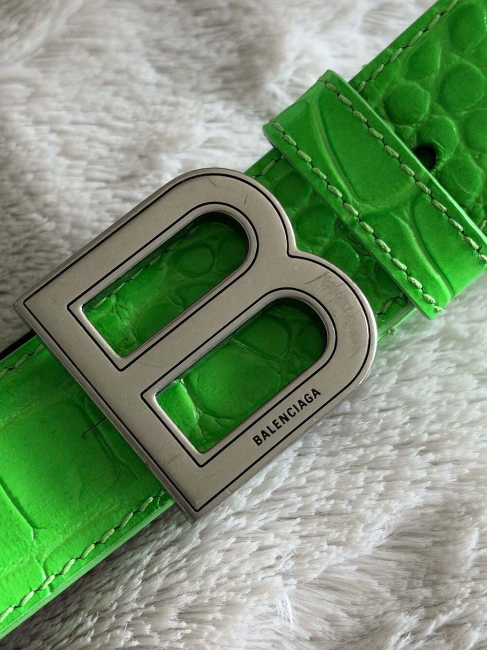 Balenciaga Hourglass Croc-Embossed Leather Belt in Bright Green